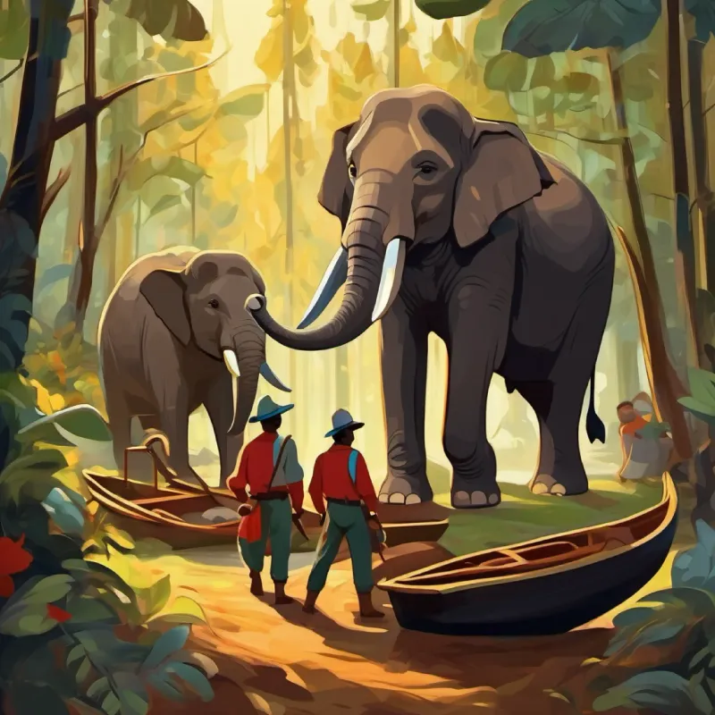 The Busy workers with axes and boats, brown skin, dark eyes, 15 words max discover a mysterious elephant in the forest.