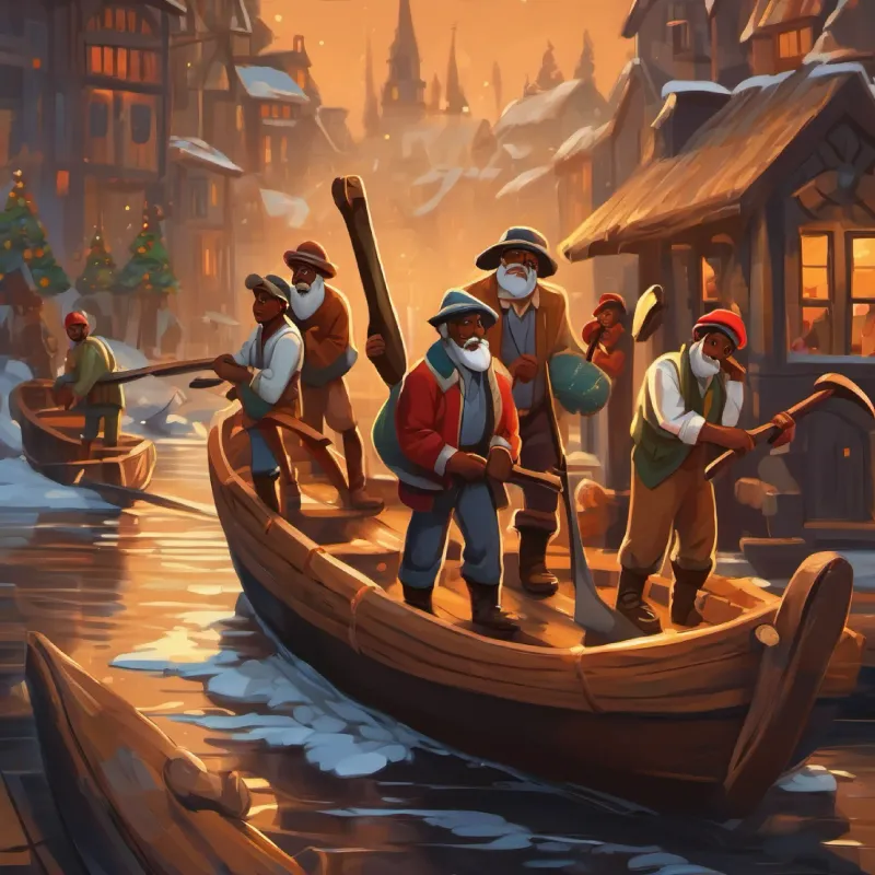 The Busy workers with axes and boats, brown skin, dark eyes, 15 words max' reaction and their decision to seek the advice of the wise man.