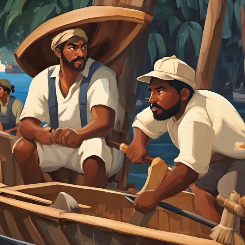 The Busy workers with axes and boats, brown skin, dark eyes, 15 words max' kind treatment of the white elephant.