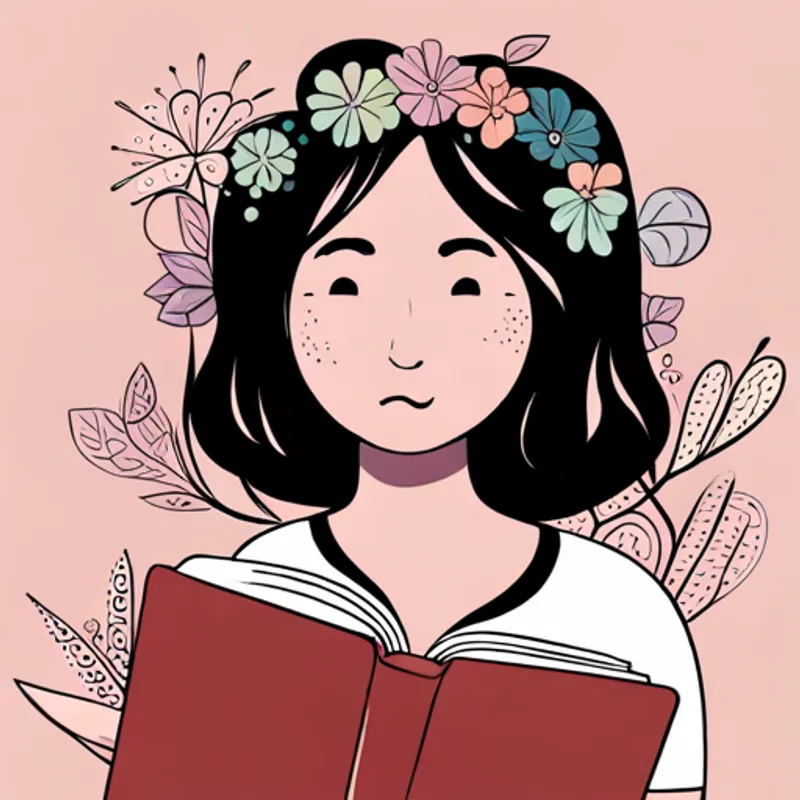 Friendly girl with a flower crown and paint smudges sketching flowers in a colorful book