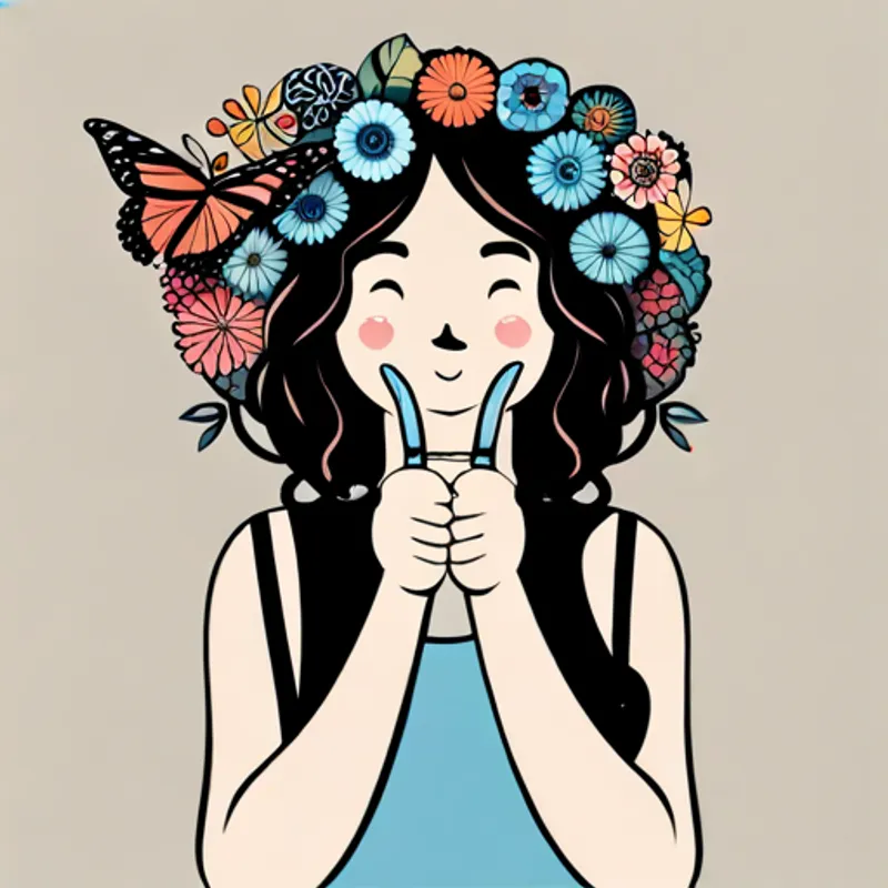 Friendly girl with a flower crown and paint smudges and Playful butterfly with vibrant wings and a happy smile laughing together with flowers