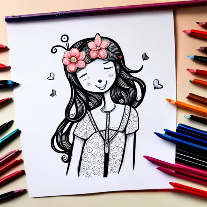 Friendly girl with a flower crown and paint smudges and Playful butterfly with vibrant wings and a happy smile exploring a magical forest
