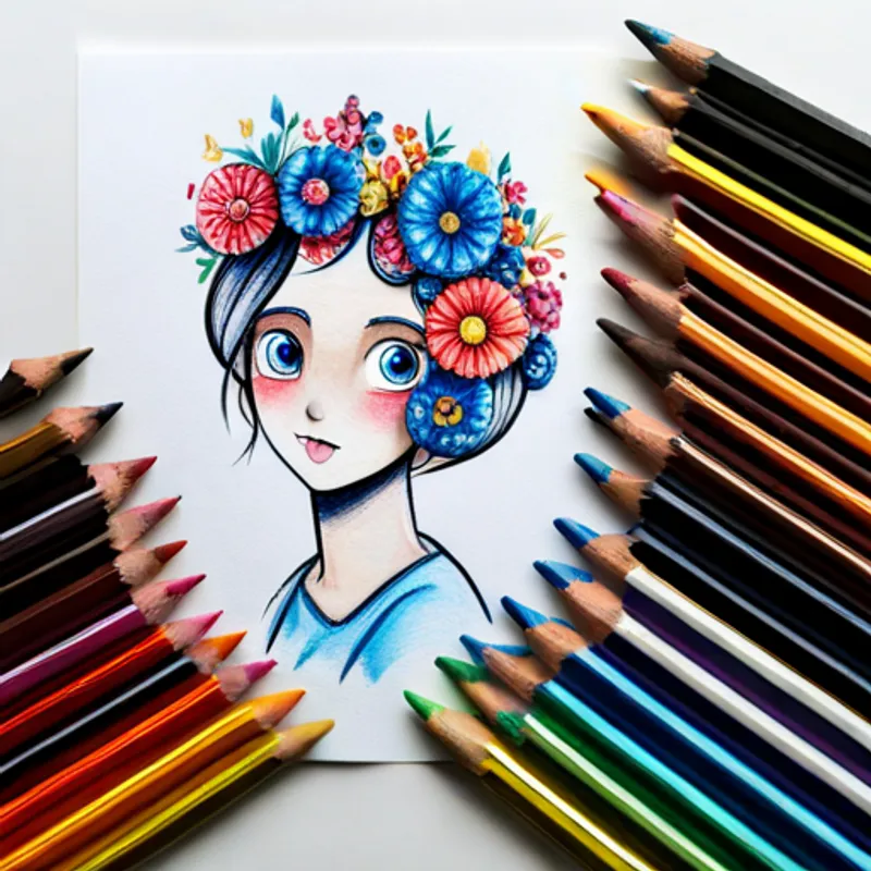 Friendly girl with a flower crown and paint smudges and Playful butterfly with vibrant wings and a happy smile drawing with colorful pencils