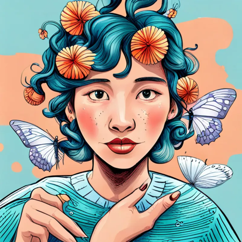 Friendly girl with a flower crown and paint smudges and Playful butterfly with vibrant wings and a happy smile surrounded by their amazing sketches