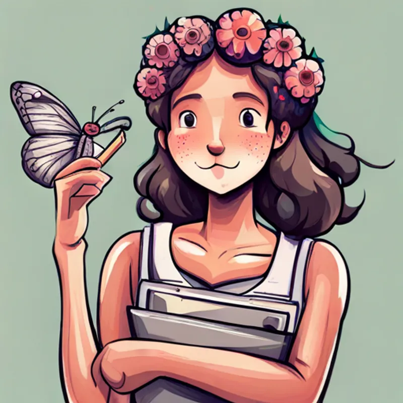 Friendly girl with a flower crown and paint smudges and Playful butterfly with vibrant wings and a happy smile hugging happily with their sketchbook