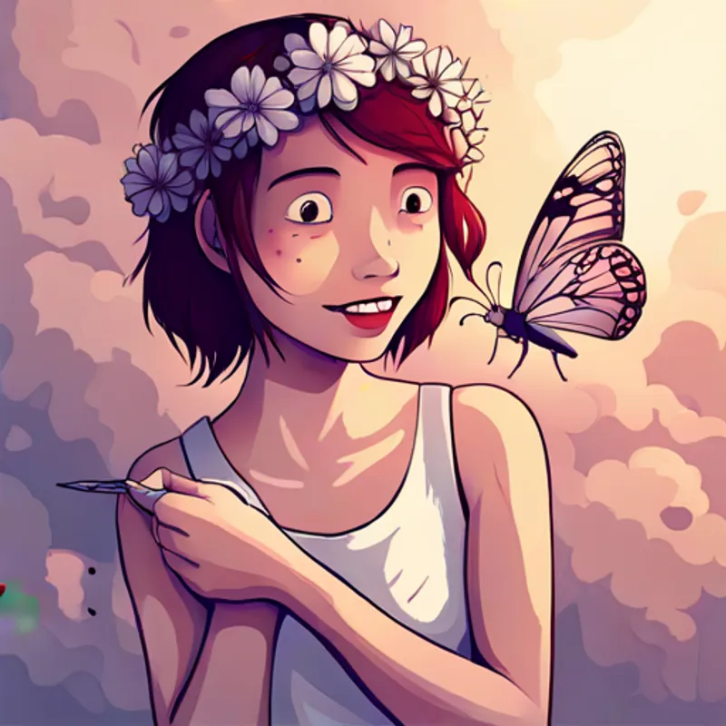 Friendly girl with a flower crown and paint smudges and Playful butterfly with vibrant wings and a happy smile giving each other a helping hand
