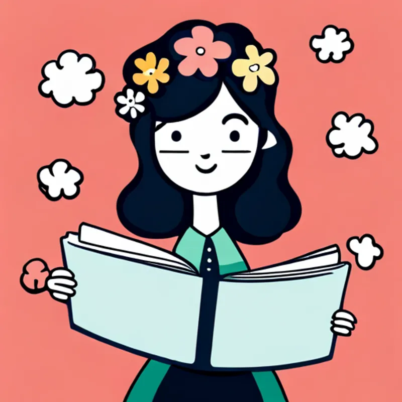 Friendly girl with a flower crown and paint smudges holding her sketchbook filled with colorful drawings
