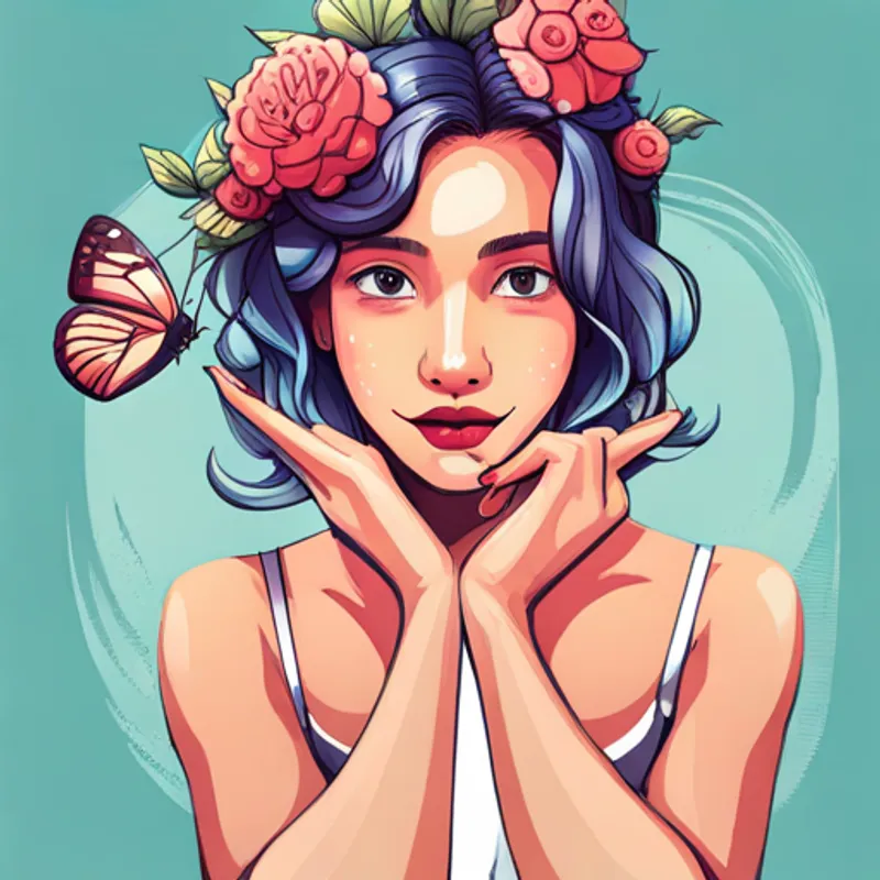 Friendly girl with a flower crown and paint smudges and Playful butterfly with vibrant wings and a happy smile holding hands and smiling brightly