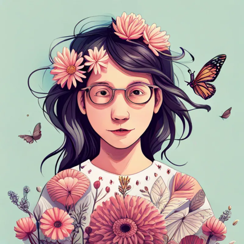 Friendly girl with a flower crown and paint smudges and Playful butterfly with vibrant wings and a happy smile laughing while holding art supplies