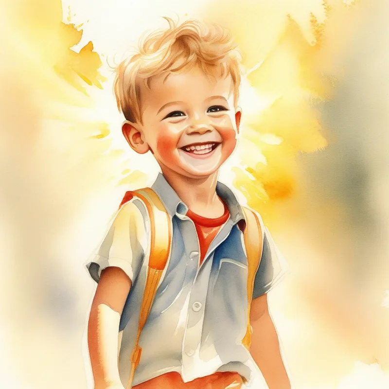 A young boy with a wide smile, radiant with hope and confidence walking under the golden sun with a smile