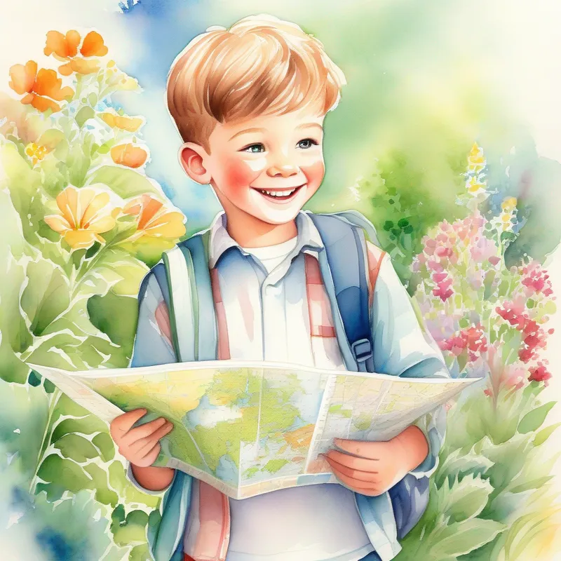 A young boy with a wide smile, radiant with hope and confidence holding a map while looking at a beautiful garden