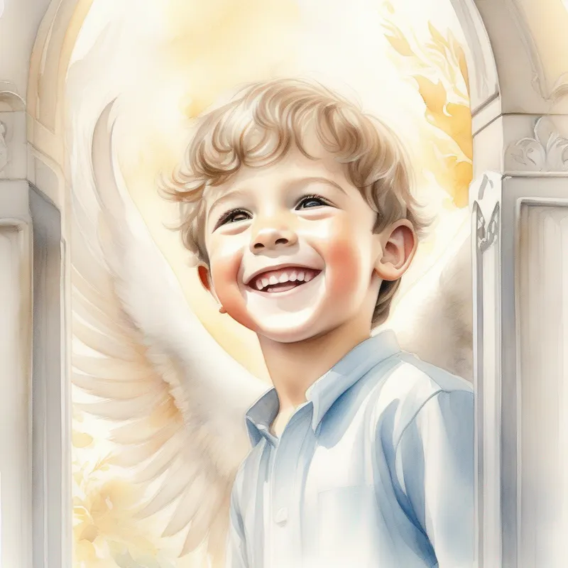 A young boy with a wide smile, radiant with hope and confidence standing at the gates of Jannah, surrounded by angels