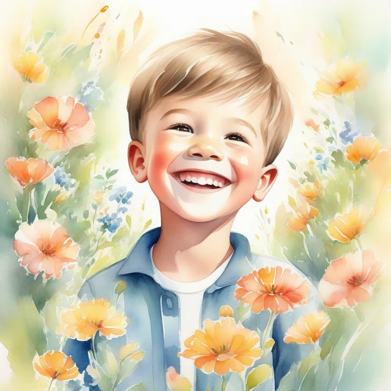 A young boy with a wide smile, radiant with hope and confidence smiling while surrounded by blooming flowers