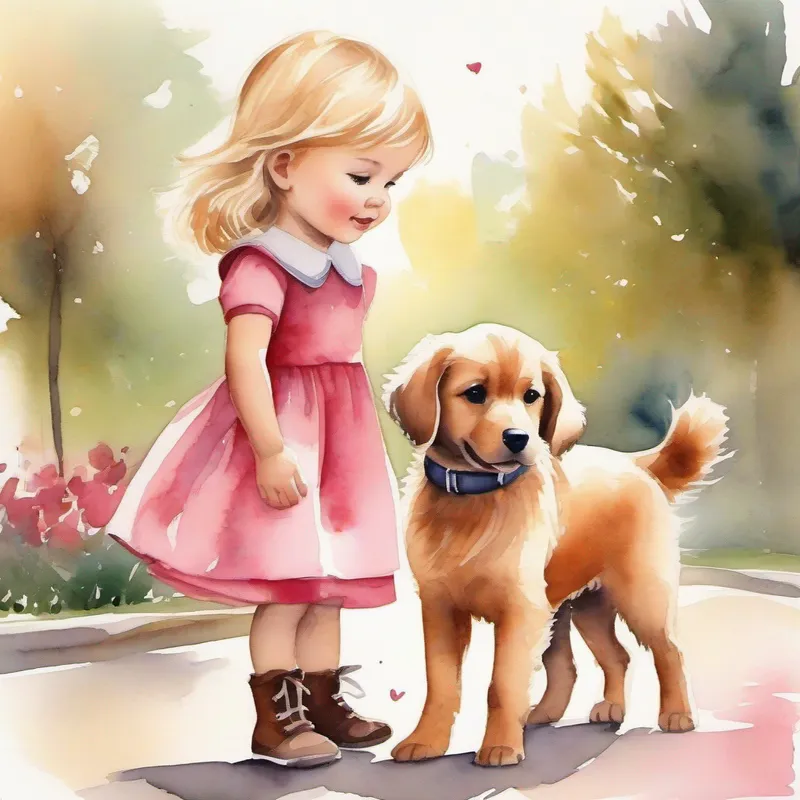 Little girl with blonde hair and a pink dress and Cute puppy with brown fur and a red collar playing at the park