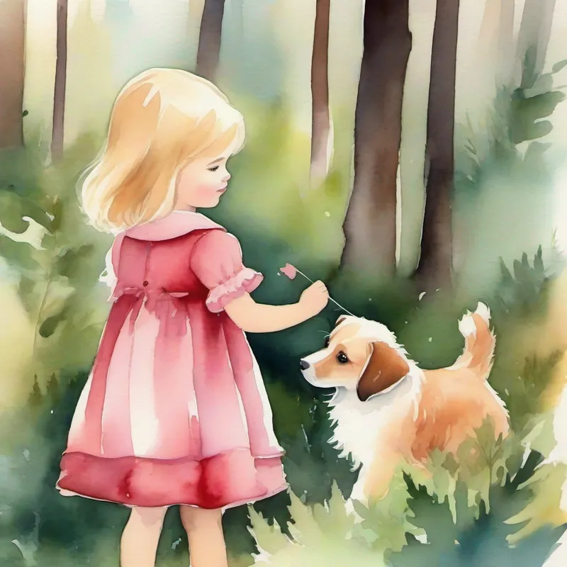 Little girl with blonde hair and a pink dress searching for Cute puppy with brown fur and a red collar in the forest