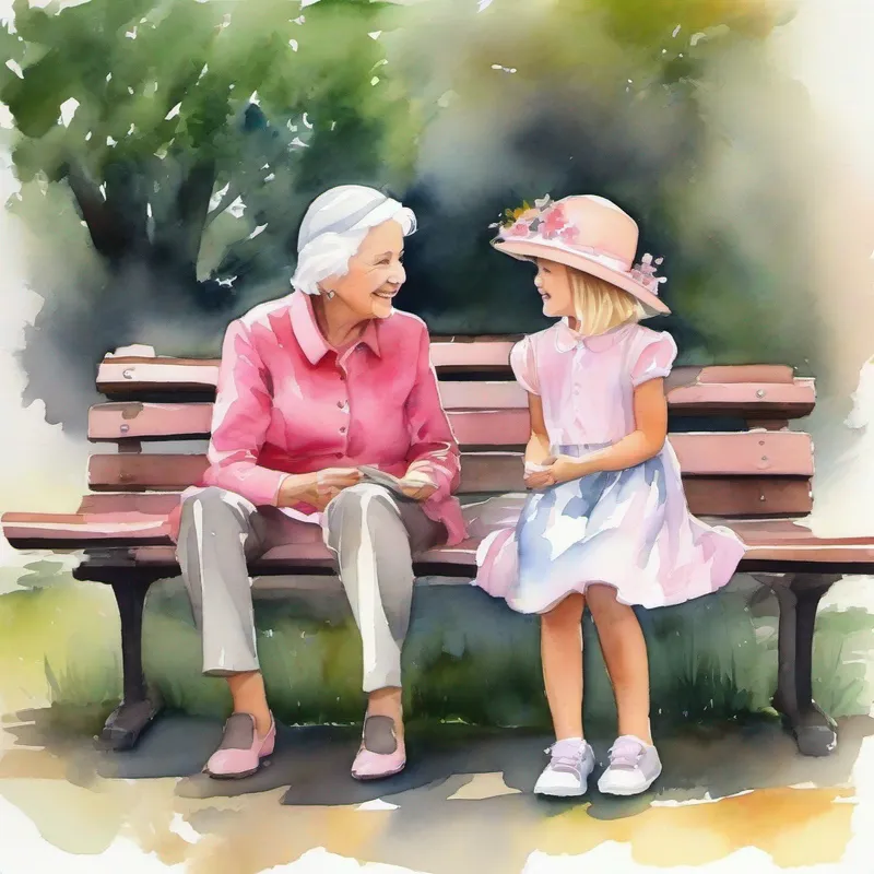 Little girl with blonde hair and a pink dress talking to the Friendly elderly lady with gray hair and a flower hat on a park bench