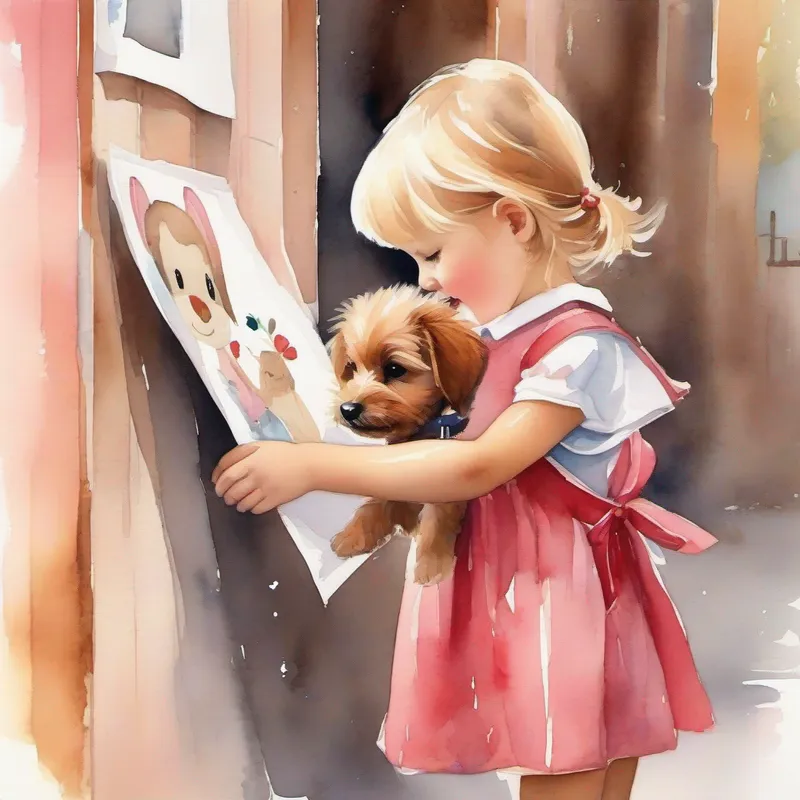 Little girl with blonde hair and a pink dress putting up posters of Cute puppy with brown fur and a red collar