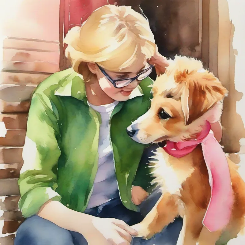 The Kind neighbor with glasses and a green shirt telling Little girl with blonde hair and a pink dress about Cute puppy with brown fur and a red collar's sighting