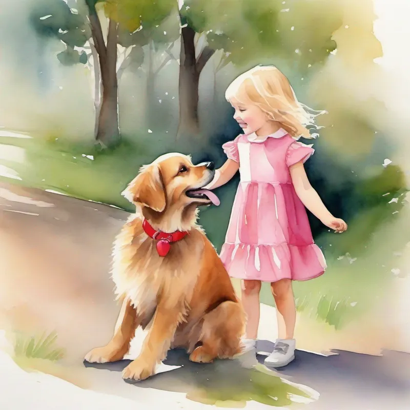 Little girl with blonde hair and a pink dress and Cute puppy with brown fur and a red collar happily reunited at the park