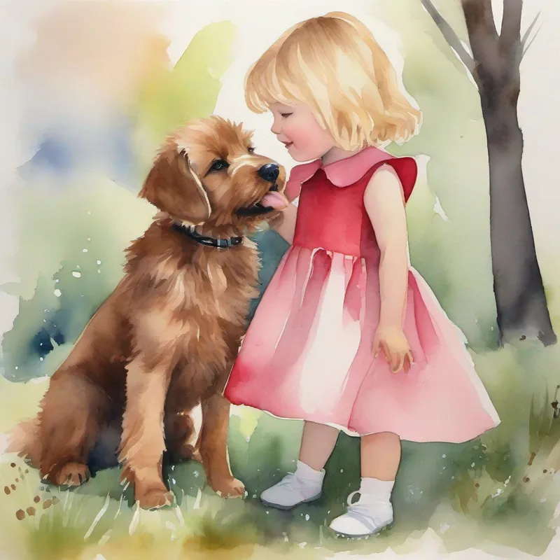 Little girl with blonde hair and a pink dress and Cute puppy with brown fur and a red collar always being there for each other