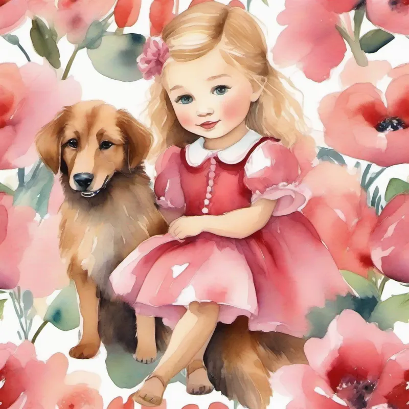 Little girl with blonde hair and a pink dress and Cute puppy with brown fur and a red collar spreading empathy and love