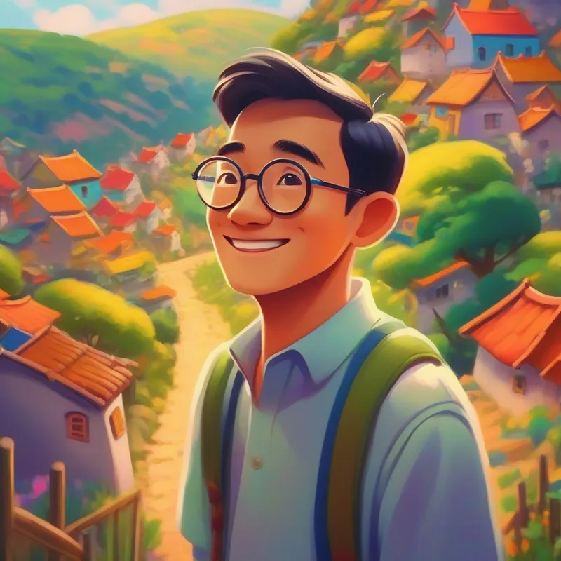 A village with colorful houses and A kind man wearing spectacles, with a friendly smile. thinking.
