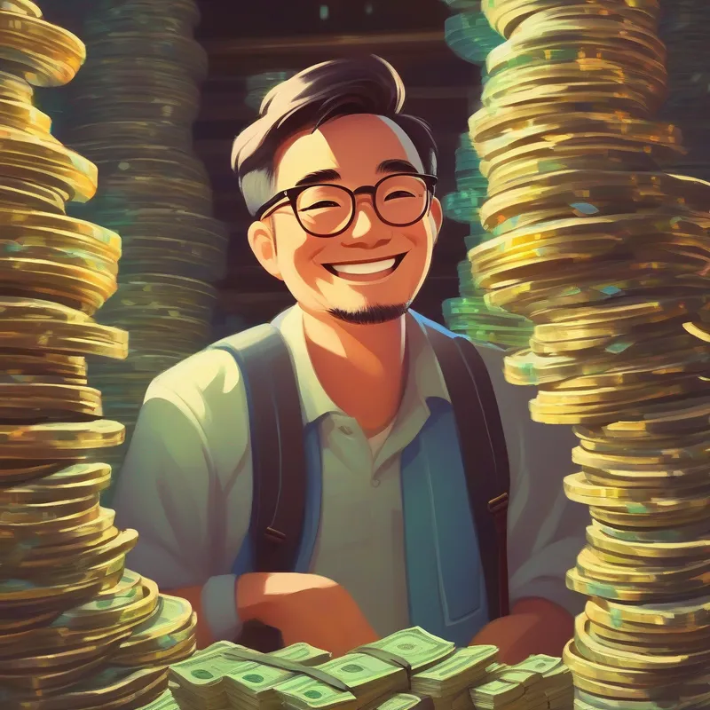 A kind man wearing spectacles, with a friendly smile. smiling happily with stacks of money.