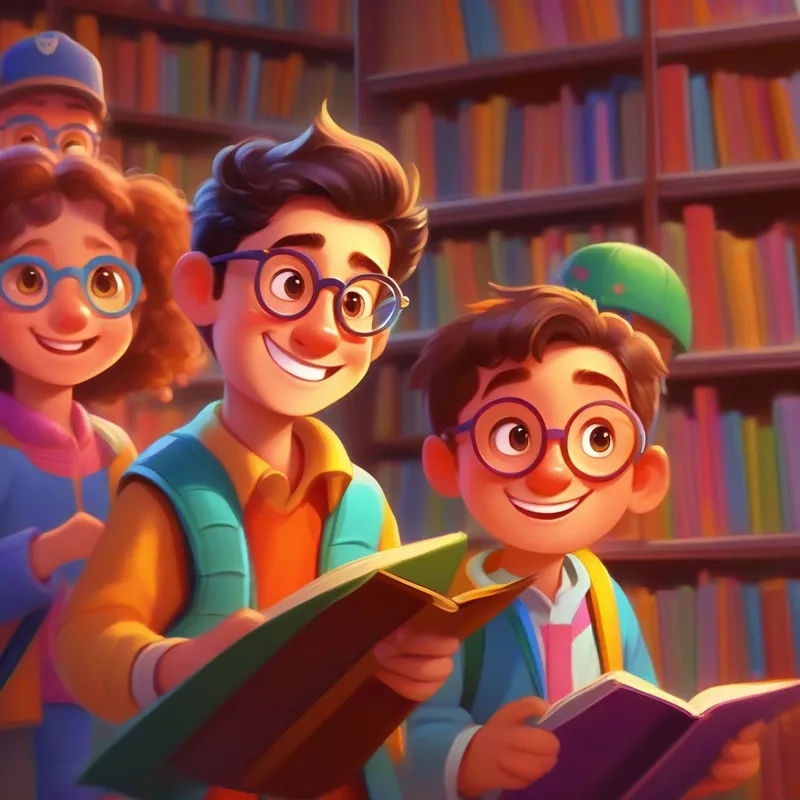 Happy kids with colorful clothes and curious eyes. happily reading books in the new library with A kind man wearing spectacles, with a friendly smile. looking proud.