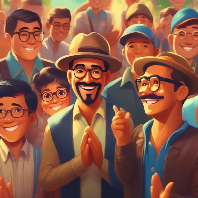 Village people applauding A kind man wearing spectacles, with a friendly smile. with admiration.