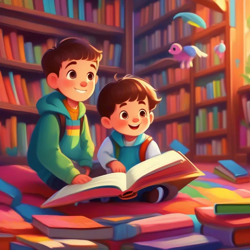 Happy kids with colorful clothes and curious eyes. happily reading books in the library with colorful drawings on the walls.