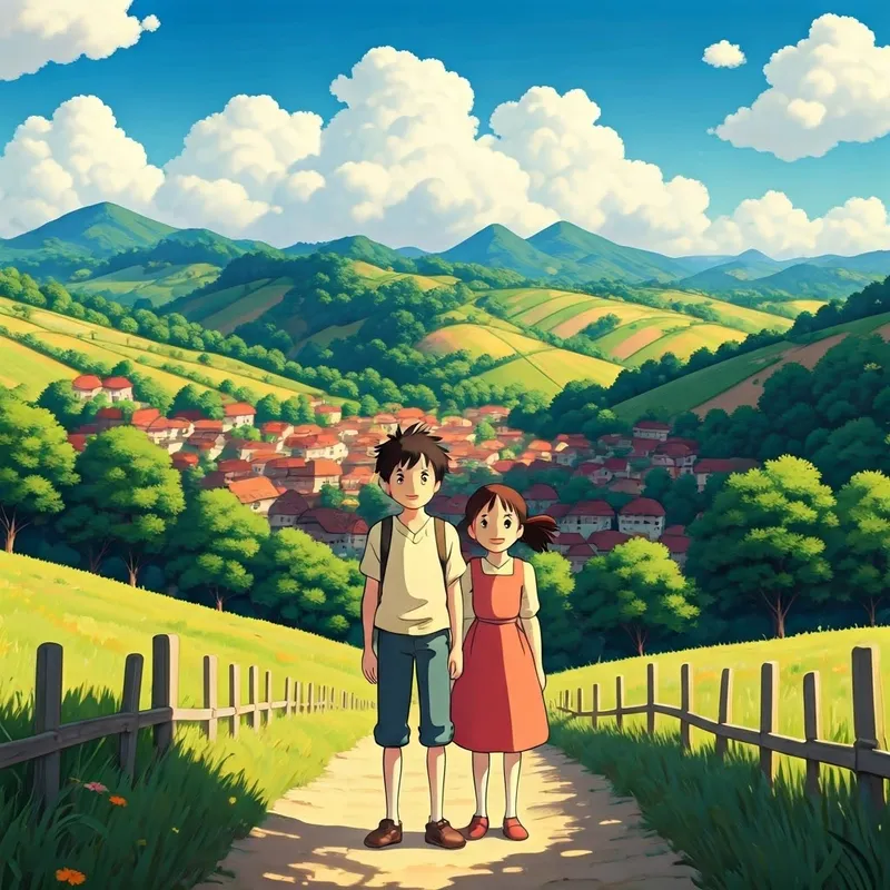 A boy and a girl with happy expressions stand in front of a colorful village nestled between rolling green hills.