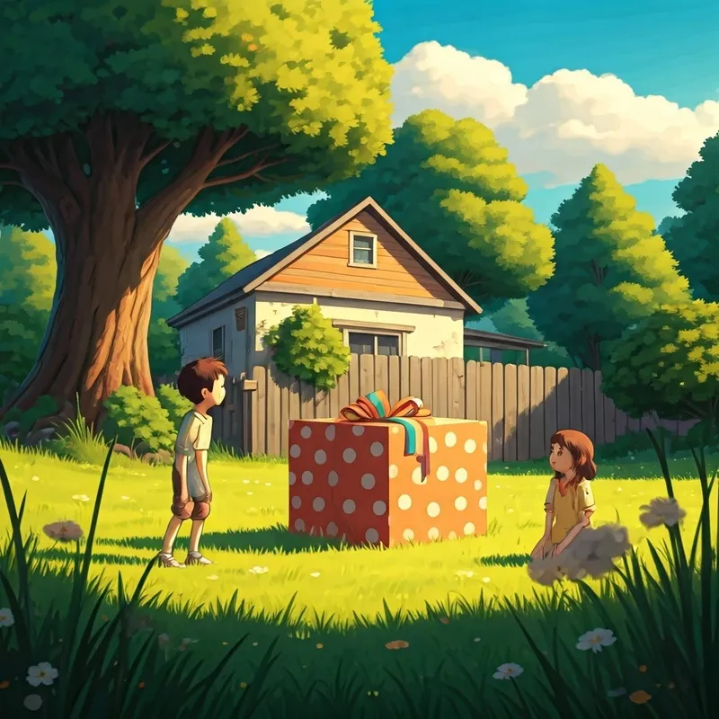 A boy and girl, eyes wide with surprise, stare at a giant box wrapped in polka-dotted paper with a rainbow ribbon in their backyard.
