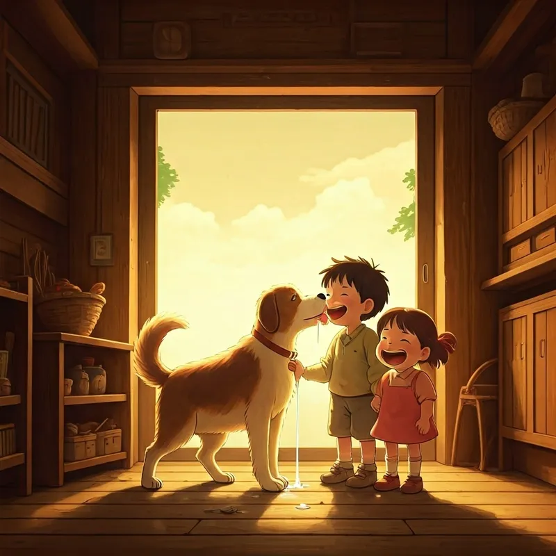 A dog gives a big, wet kiss to a laughing boy and girl.