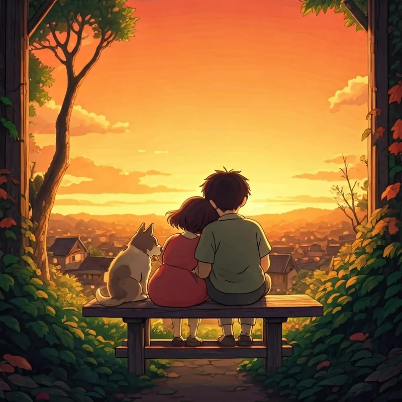A boy, a girl, and a dog cuddle together, silhouetted against a sunset over a village.