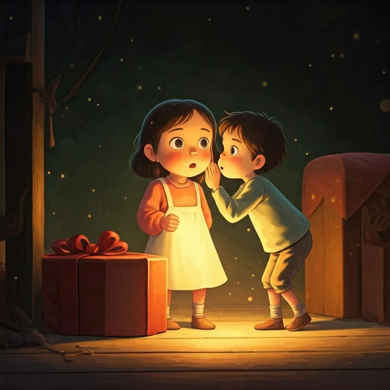 A girl with sparkling eyes cautiously approaches a giant gift box while a boy whispers in her ear with a wondering expression.