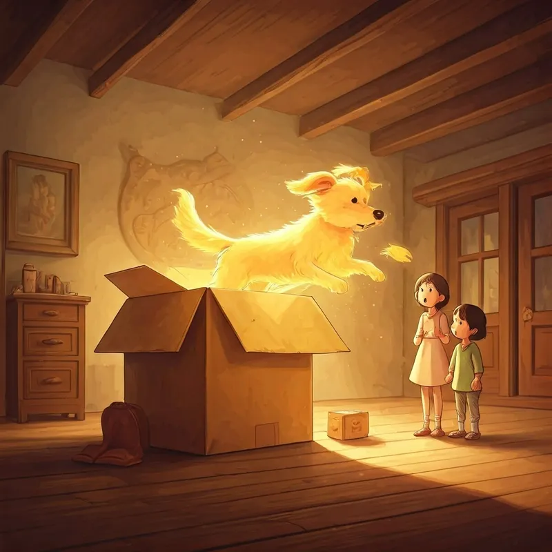 A playful dog with sunshine-yellow fur jumps out of a giant box as a surprised boy and girl watch.