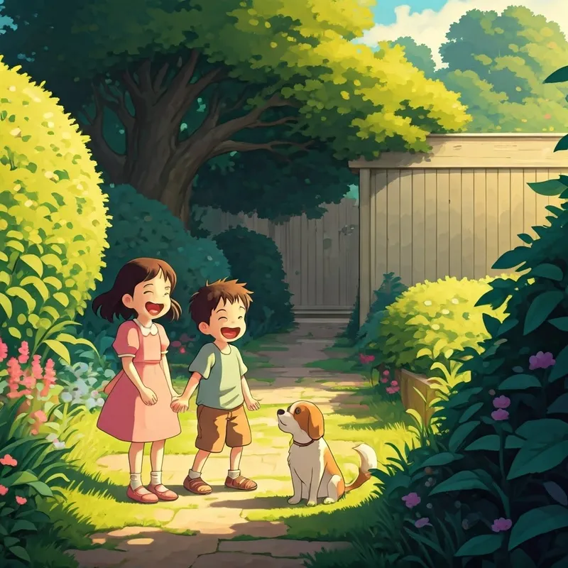 A boy and girl laugh joyfully, their hands outstretched towards a playful dog in a garden.