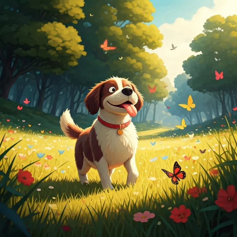 A playful dog with his tongue out chases colorful butterflies in a field.