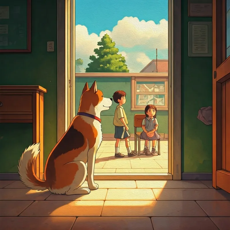A happy dog sits patiently outside a classroom with a boy and a girl, its tail wagging.