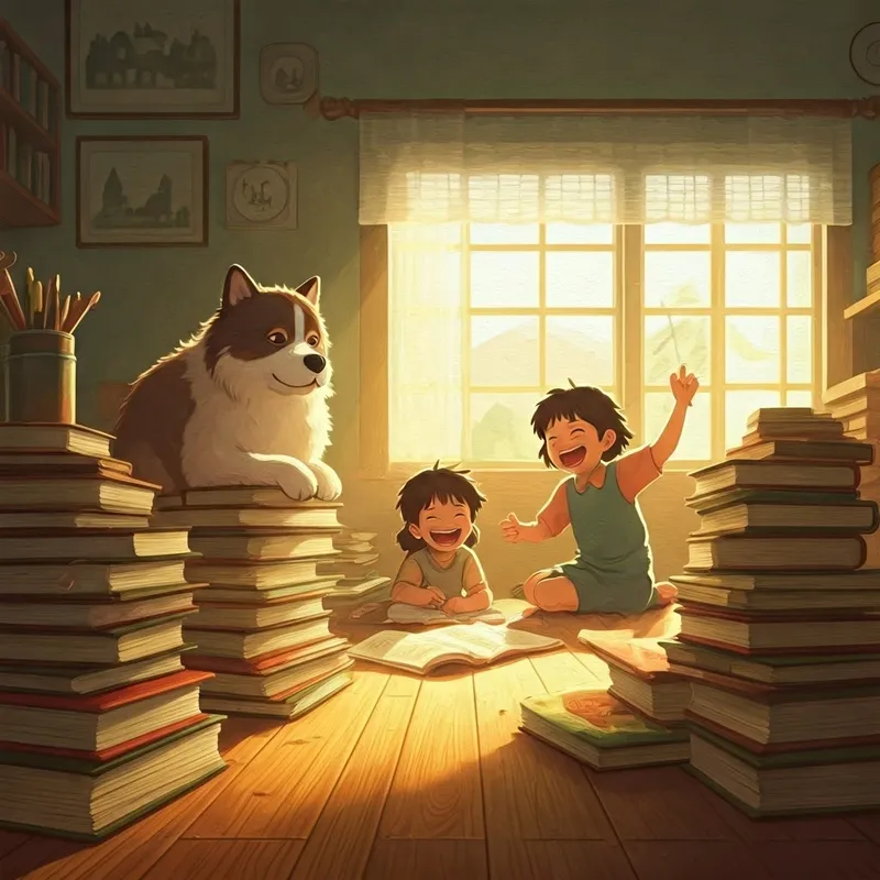 A fluffy dog lies on top of books, while a boy and girl try to do their homework, laughing.