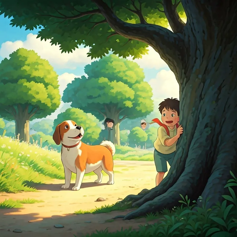 A happy dog barks playfully, finding a boy and a girl hiding behind a tree in a game of hide-and-seek.