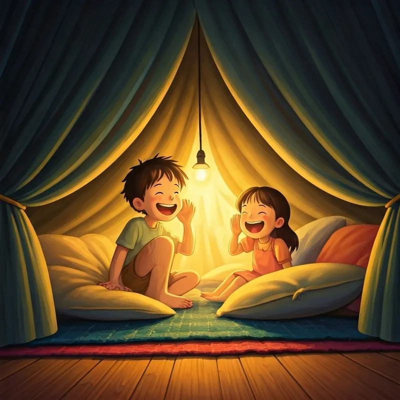 A boy, a girl, and a dog sit inside a pillow fort, laughing and whispering.