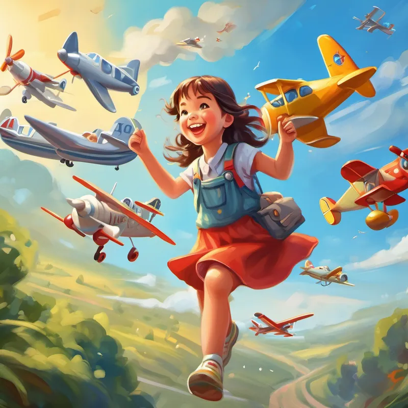 Happy girl who loves playing with airplanes. happily playing with airplane toys