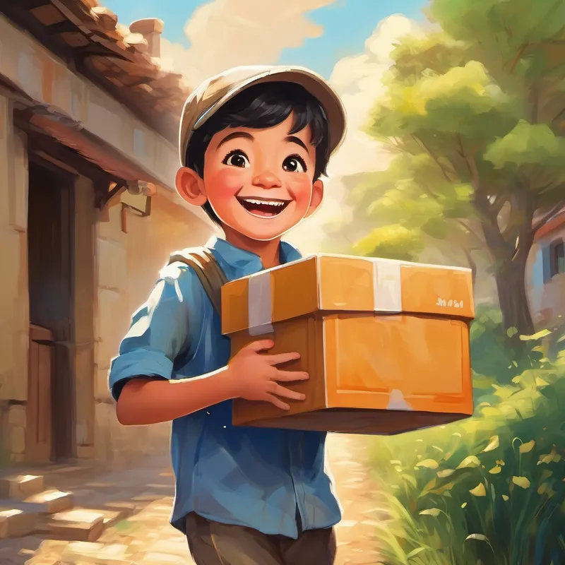 Orphan boy who brings a smile to everyone's face. carrying a box with a smile on his face