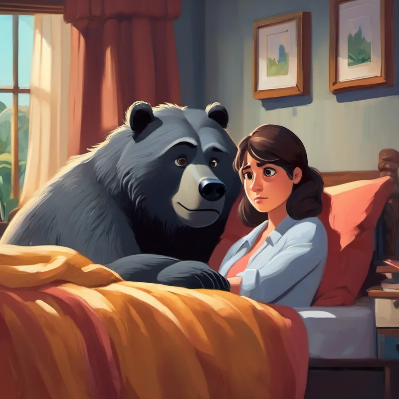 Small, kind businesswoman with a soft spot for Baloo. looking sad and lying in bed