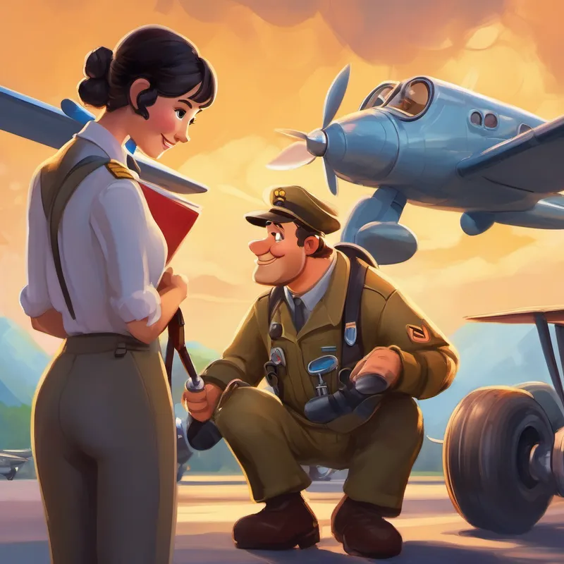 Big, friendly pilot with a love for flying. taking care of Small, kind businesswoman with a soft spot for Baloo. and talking to Mechanic in a jumpsuit, fixing airplanes with expertise.
