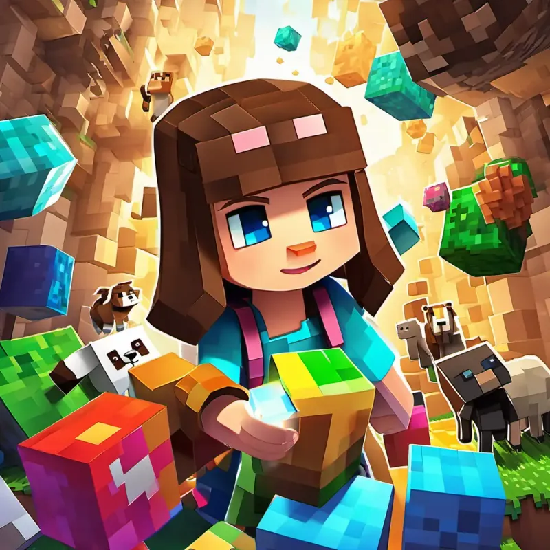 A little girl with brown hair and sparkling blue eyes falling into the world of Minecraft, surrounded by colorful blocks and cute animals