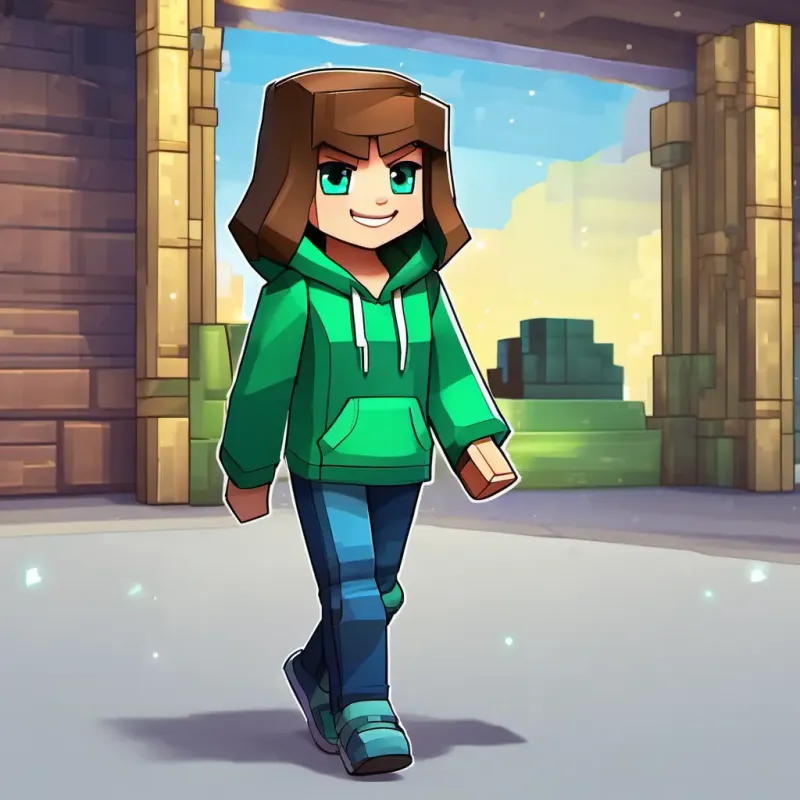 A little girl with brown hair and sparkling blue eyes meeting Wearing a green hoodie, blue jeans, and a big smile, who has a green hoodie, blue jeans, and a big smile