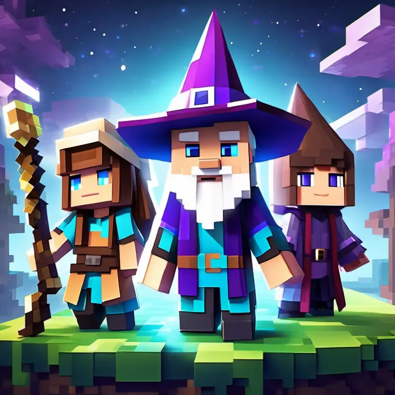 A little girl with brown hair and sparkling blue eyes, Chris, and Wise old man with a long white beard and a purple wizard hat together, ready to face challenges