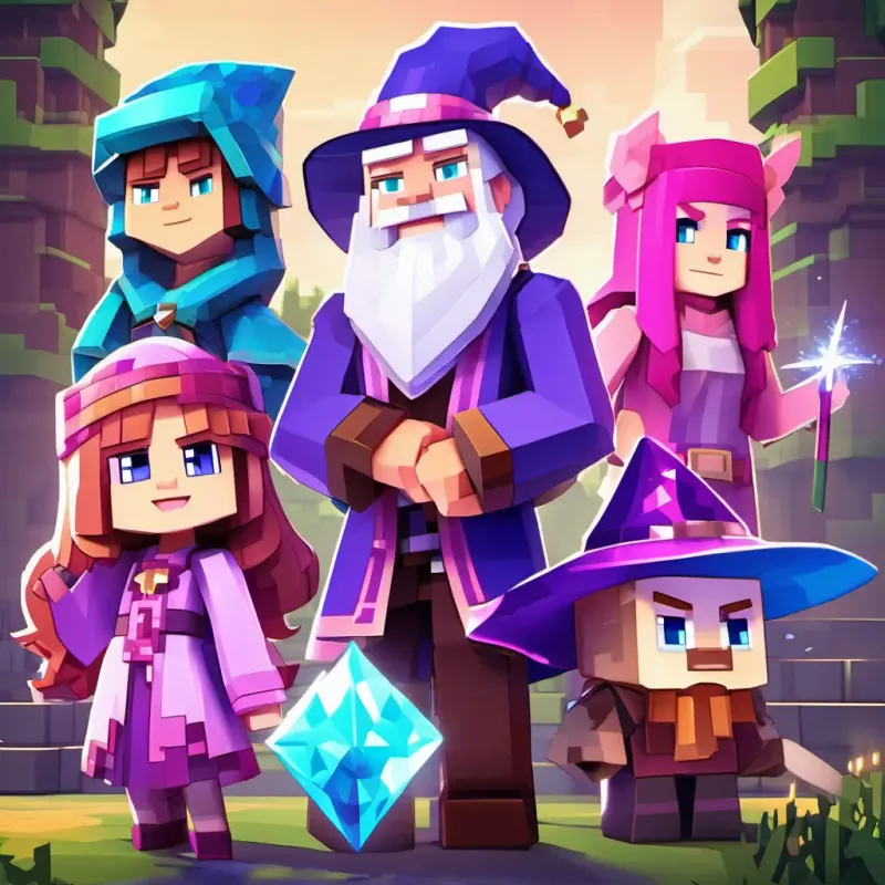 A little girl with brown hair and sparkling blue eyes, Chris, Wise old man with a long white beard and a purple wizard hat, and Mischievous character with pink hair and sparkling pink eyes having crazy adventures together